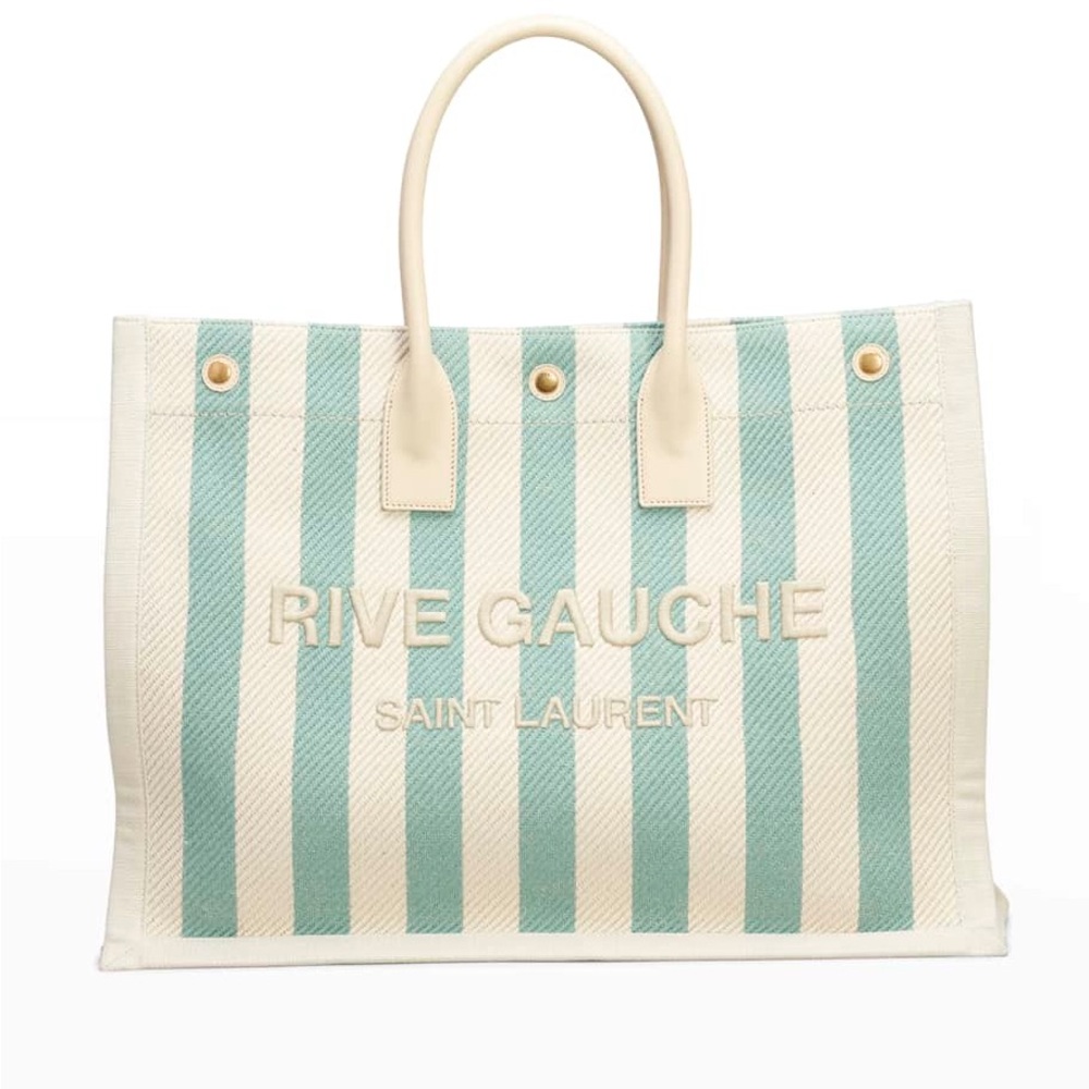 NWT! Saint Laurent Striped Rive Gauche Tote Water Green